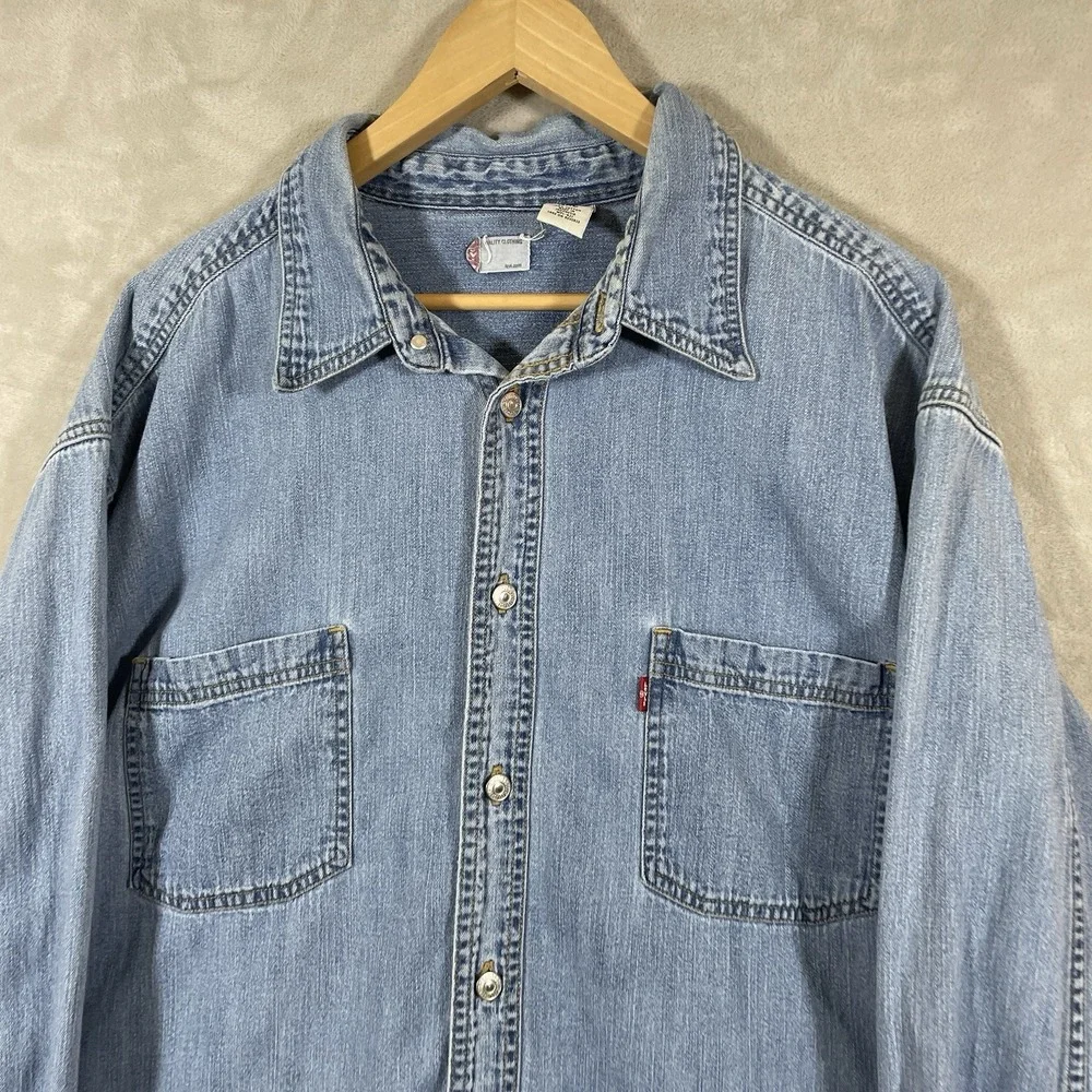 Vintage Levis Men's Shirt XXL Denim Blue Red Tab 90's Metal Button Logo Workwear